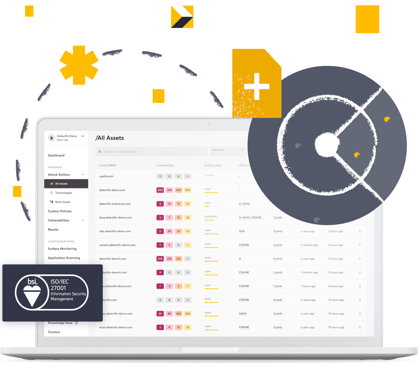 An illustration of the Detectify tool with the ISO 27001 certification badge
