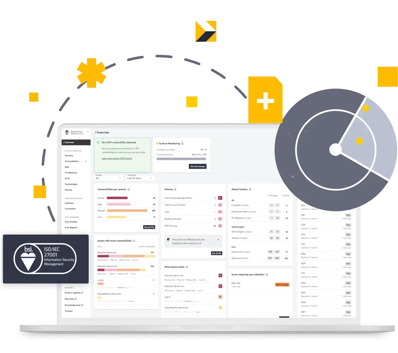 An illustration of the Detectify tool with the ISO 27001 certification badge