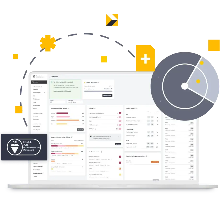 An illustration of the Detectify tool with the ISO 27001 certification badge